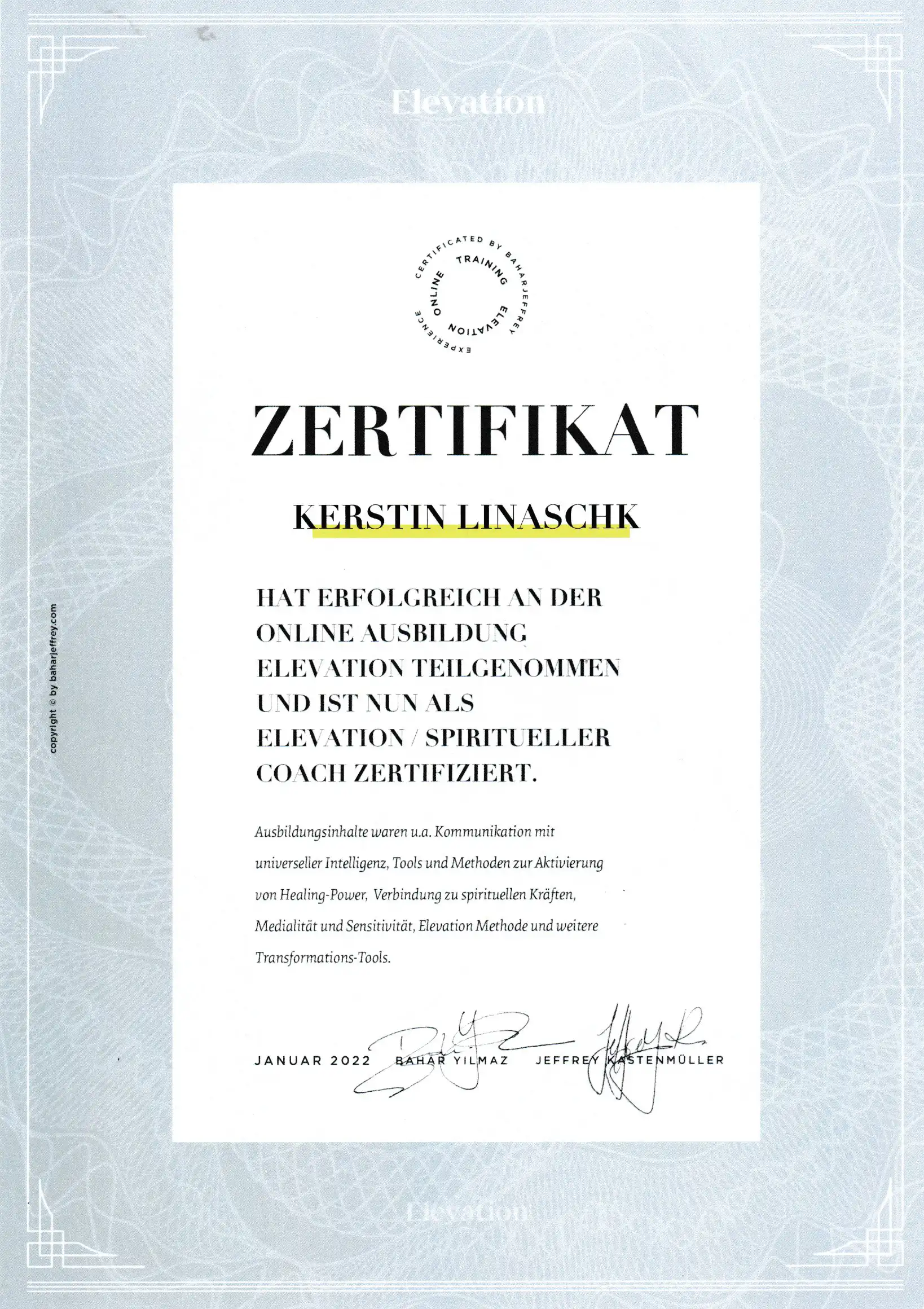 Zertifikat Elevation Spiritueller Coach