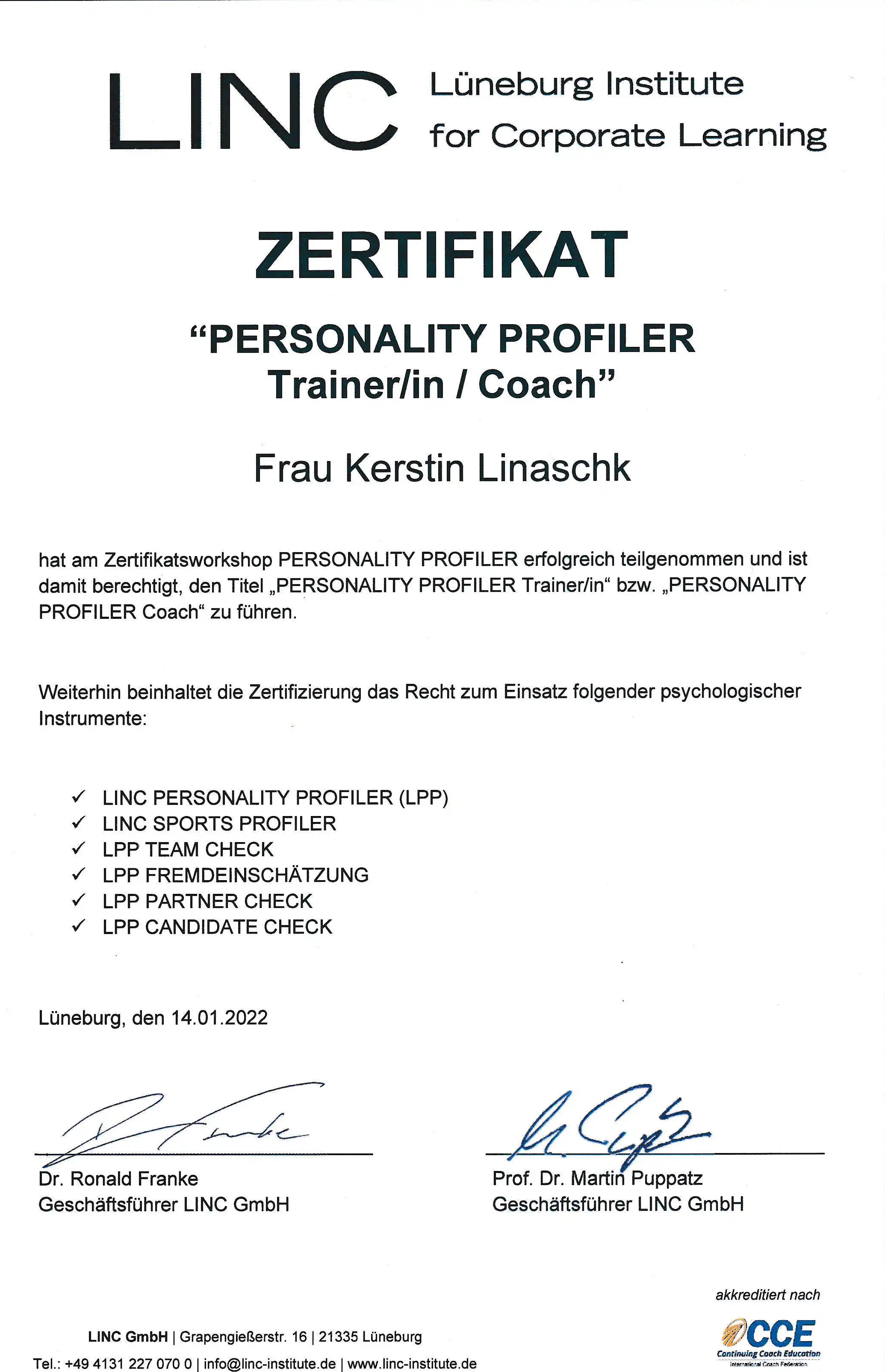 Zertifikat Personality Profiler Trainer